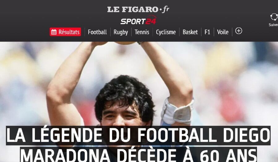 O Le Figaro, da França, chamou Maradona de "lenda do futebol"