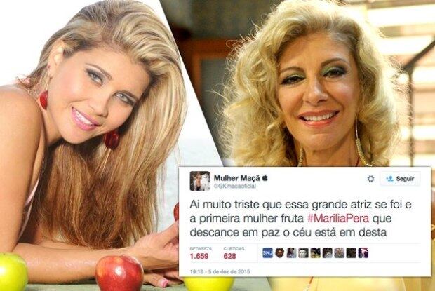 Com a morte de Marília Pêra, em 2015, muitos famosos usaram as redes sociais para prestar suas homenagens à atriz. Mas quem chamou a atenção foi Gracy Kelly, a Mulher Maçã, ao dizer que Marília foi a primeira mulher fruta, fazendo referência ao seu sobrenome.

— Ai, muito triste que essa grande atriz se foi e a primeira mulher fruta: Marília Pêra. Que descanse em paz. O céu está em festa

Mulher-Maçã causa polêmica ao homenagear Marília Pêra: "Foi a primeira mulher fruta"
