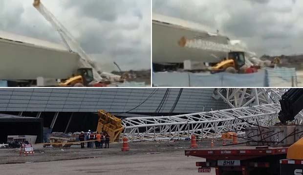A queda de um guindaste no dia 27 de novembro vitimou
dois operários e provocou paralisação e atraso na construção do estádio, além de uma comoção nacional