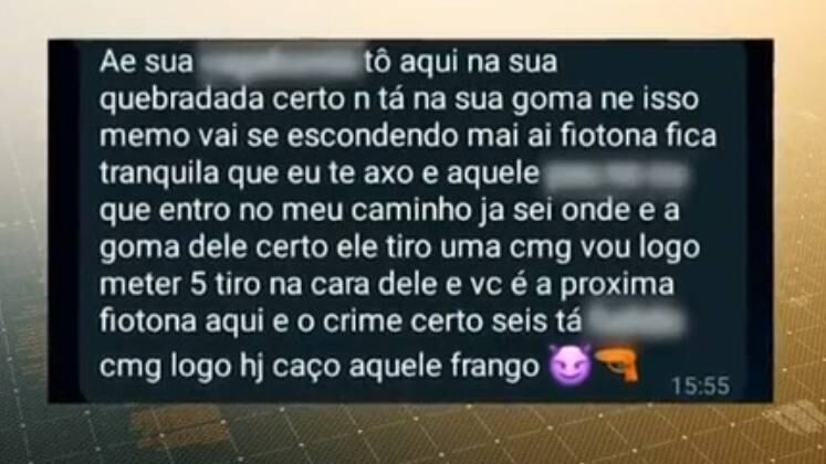 Após alguns dias, o criminoso enviou outra mensagem para a jovem afirmando saber onde ela morava e ameaçando dar cinco tiros em um conhecido de Maria Julia
