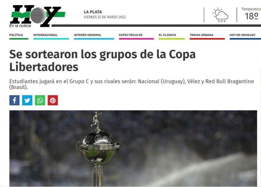 O 'Hoy' ressaltou o grupo do Estudiantes, que terá Nacional, Vélez e Red Bull Bragantino.