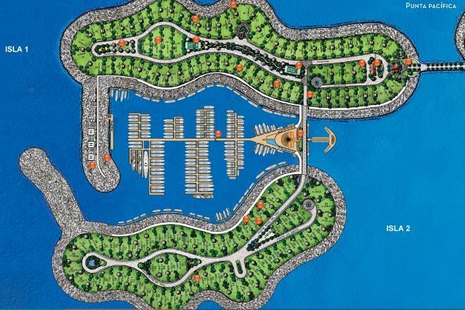 A planta da construção mostra as ilhas e o espaço para lanchas