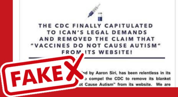 Postagem encontrada em redes sociais, com informações falsas sobre a relação entre vacinas e autismo