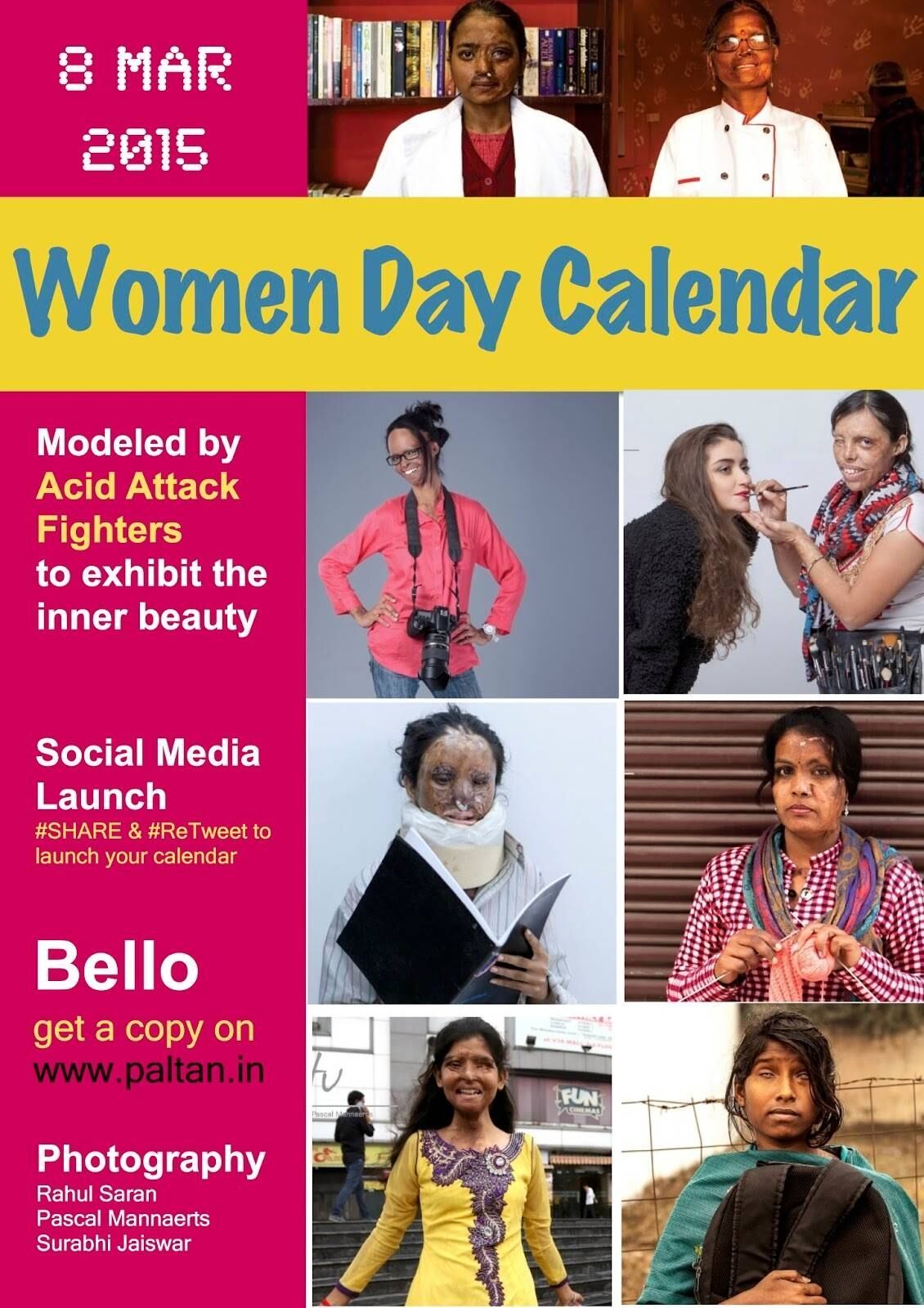 O objetivo do calendário, apresentado neste domingo pela ONG Stop Acid Attacks em função do Dia Internacional da Mulher, é dar visibilidade a este problema que castiga a Índia. Em geral, este tipo de ataque é cometido como vingança em um país onde um frasco de ácido de 1 litro é muito acessível - custa apenas 30 rúpias (R$ 1,46) e é frequentemente utilizado na limpeza de banheiros ou encanamentos
"Nos calendários aparecem estrelas de cinema ou modelos, não mulheres como nós. Queremos mostrar que a beleza é interior, que continuamos a ser bonitas", disse à Agência Efe Sonia, de 30 anos, que foi atacada com ácido em 2004 por um vizinho após uma discussão e tem o rosto totalmente deformado