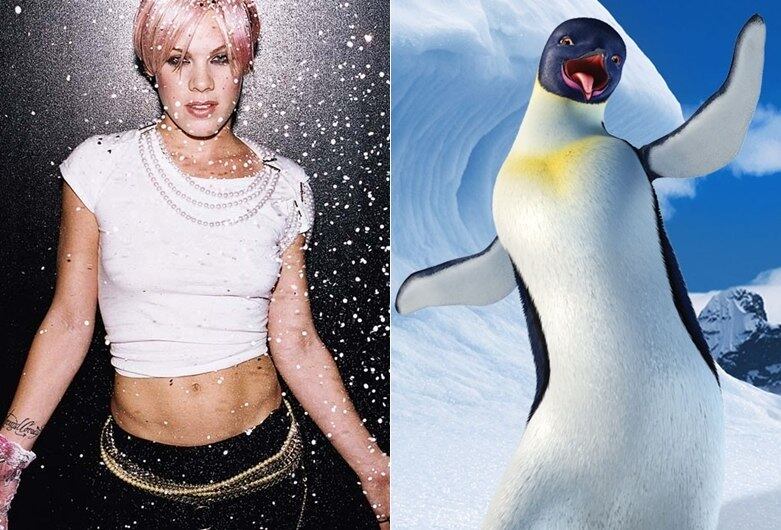 Happy
Feet (2006), que tinha os pinguins cantores, precisou das cordas
vocais de uma profissional para fazer a personagem Glória.  A escolhida foi Pink