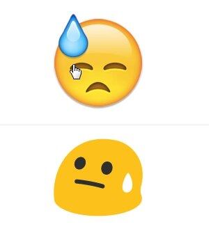 Um rosto com uma boca neutra ou triste, com uma gota de suor. Algo de quem trabalha duro em algo
