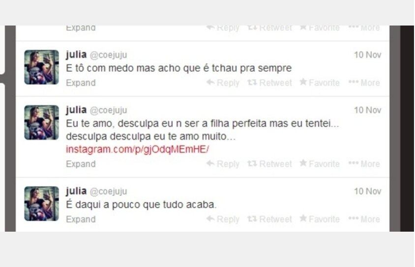 Júlia foi encontrada morta dentro do próprio quarto, segundo informações
da Polícia Militar do Piauí. A data da morte marca também a última
mensagem da garota, postada no Instagram e Twitter
