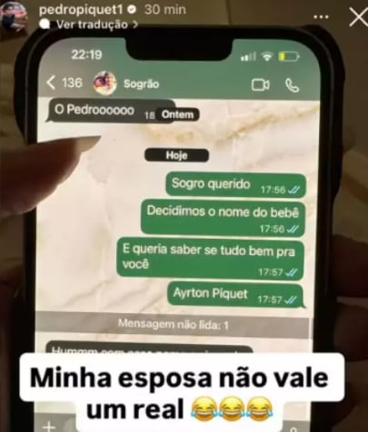 Pedro Piquet compartilhou brincadeira de sua esposa, mas apagou o post em seguida
