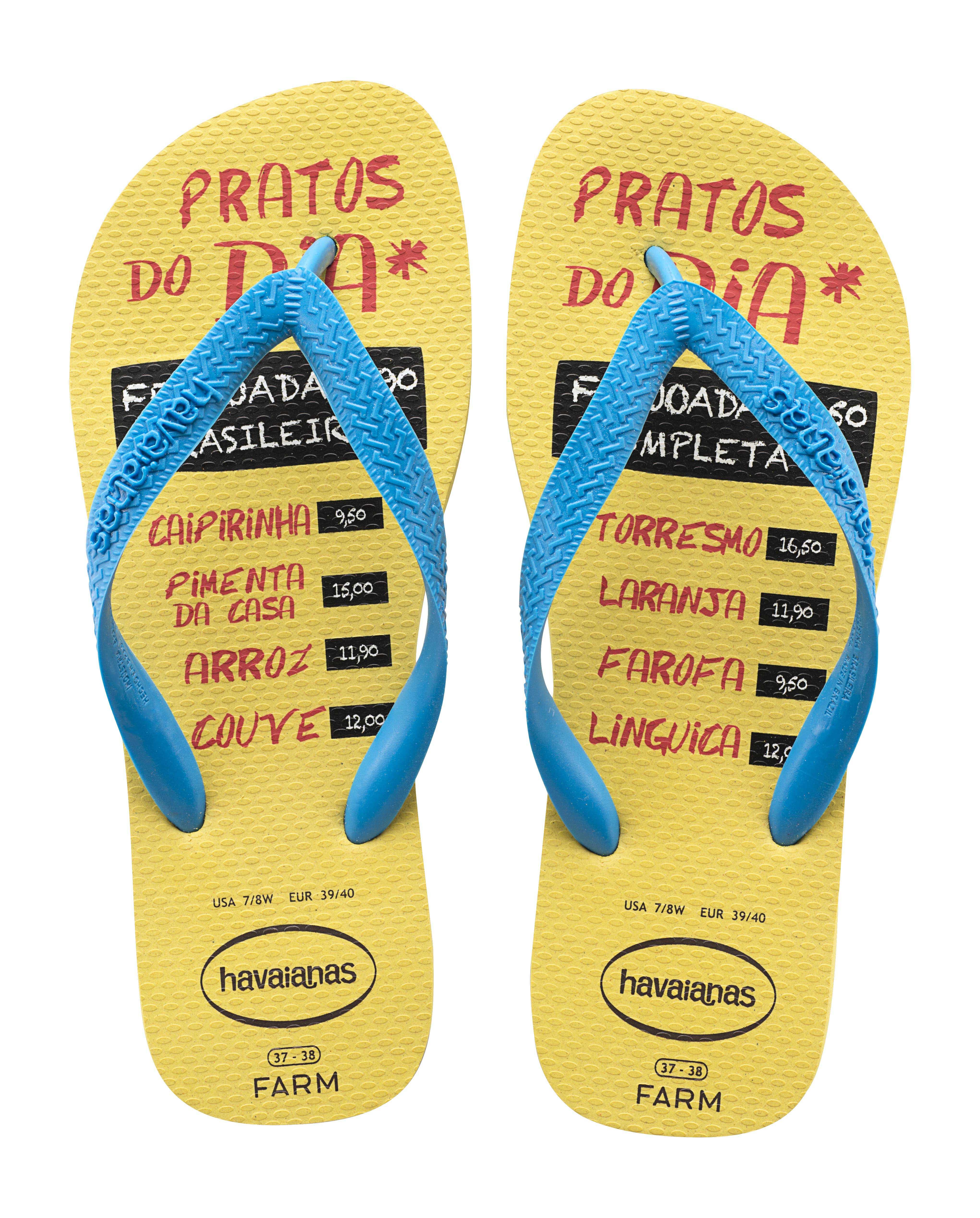 O jeitinho brasileiro serve de inspiração para a nova coleção da Havaianas em parceria com FARM. Os pratos do dia, principalmente a feijoada, ganhou estampa em um dos chinelos