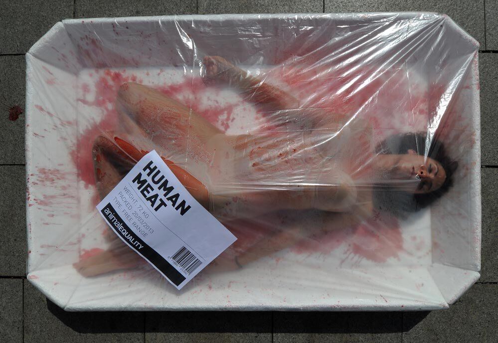 

Carne humana à venda: dentro de embalagem gigante de supermercado,
ativista faz protesto em praça de Barcelona, na Espanha. Manifestação do grupo
Animal Equality (Igualdade animal, em tradução livre), que defende o direito dos
animais, ocorre no dia mundial sem carne

