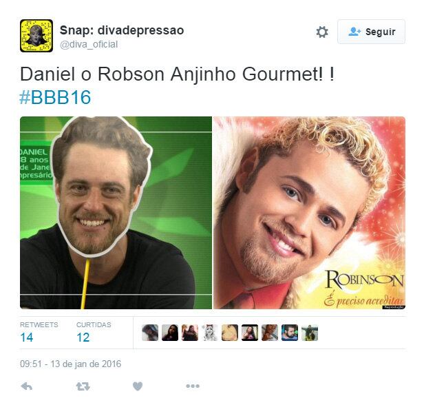 Daniel é a promessa de galã desta edição, mas virou a versão "gourmetizada" de Robinson Monteiro, o Anjinho, no Twitter