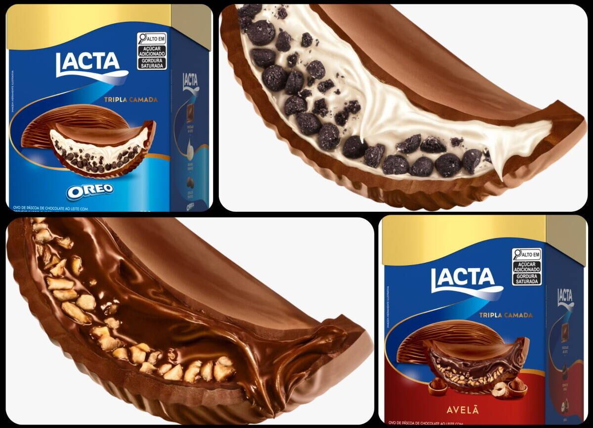 Vendido por R$ 73,99, o ovo Lacta Tripla Camada está disponível nos sabores Oreo e Avelã. Eles integram a linha premium da marca e têm 320g