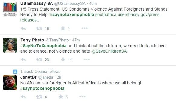 Sul-africanos de diversas etnias e regiões foram às redes
sociais protestar contra a xenofobia após os ataques. As hashtags #saynotoxenophobia,
#xenophobiamustfall e #notinmyname estão sendo utilizadas para
demonstrar repúdio aos atos