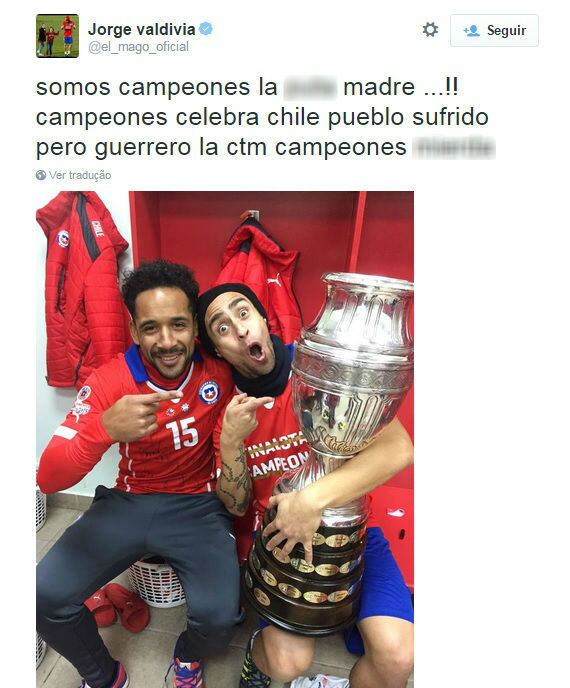 No Twitter, ele desabafou usando palavrões e fez uma homenagem ao que chamou de "sofrido, mas guerreiro povo do Chile"
