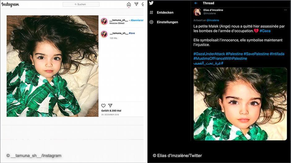 Essa imagem mostra uma menina que teria sido morta por um ataque israelense em Gaza. Mas, na verdade, se trata de uma criança russa, chamada Sophie, que está viva e tem 5 anos de idade