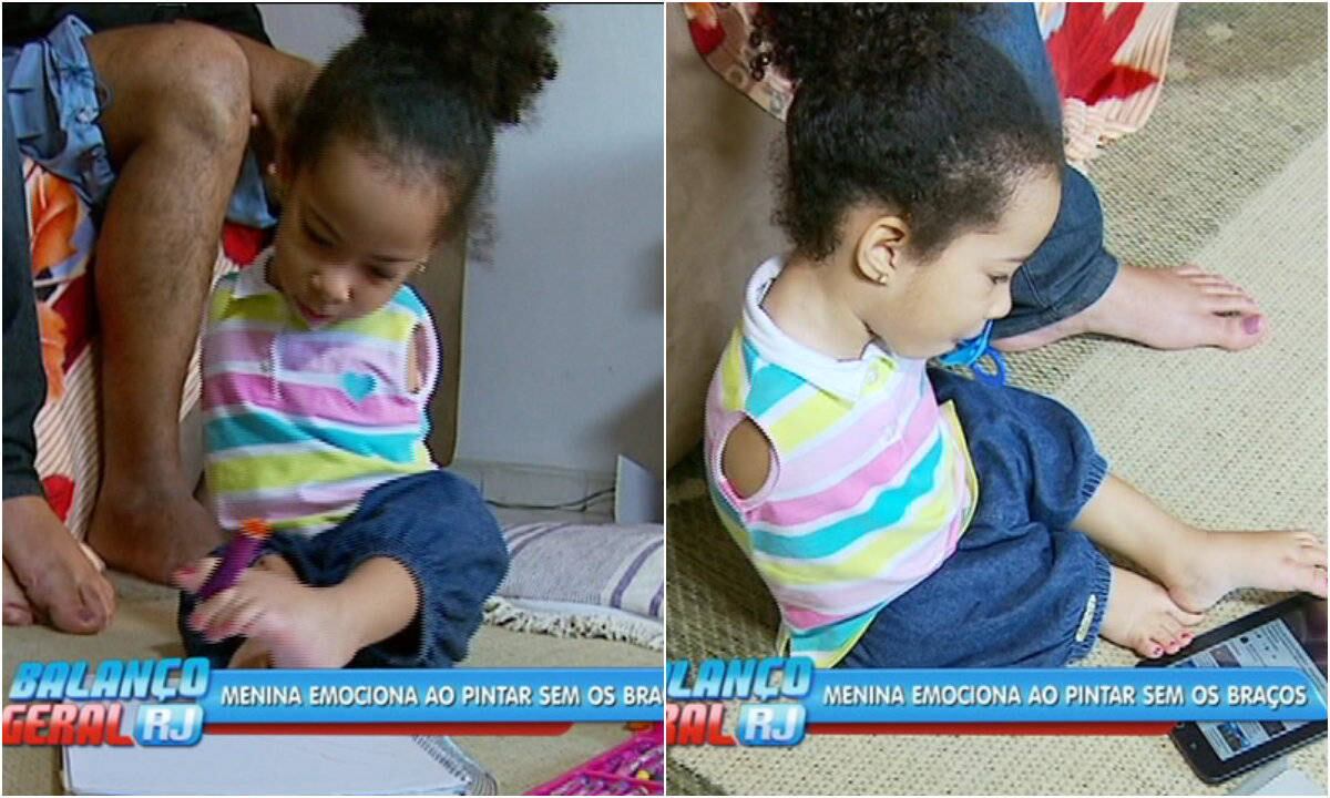 A menina Ariela, de três anos, nasceu com má formação dos membros superiores. Porém, não há nada que impeça a criança de praticar as atividades favoritas dela. A garotinha chama a atenção dos pais e familiares por gostar de desenhar. Assista ao vídeo