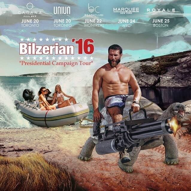 O 'playboy do pôquer' se faz presente onde for possível. Mas se engana quem pensa que Dan Bilzerian só quer saber de farra e mulheres. O jogador de pôquer iniciou sua campanha para eleição à Presidência dos Estados Unidos no ano de 2016 (não é piada!), e como não poderia ser diferente do rei da ostentação, ele divulgou uma imagem pra lá de bizarra aos mais de 8 milhões de seguidores em sua conta do Instagram. 

— Me perguntaram o que eu gostaria de ter no flyer da minha campanha. Eu disse que não ligo, desde que eu esteja montado em uma tartaruga com uma metralhadora
