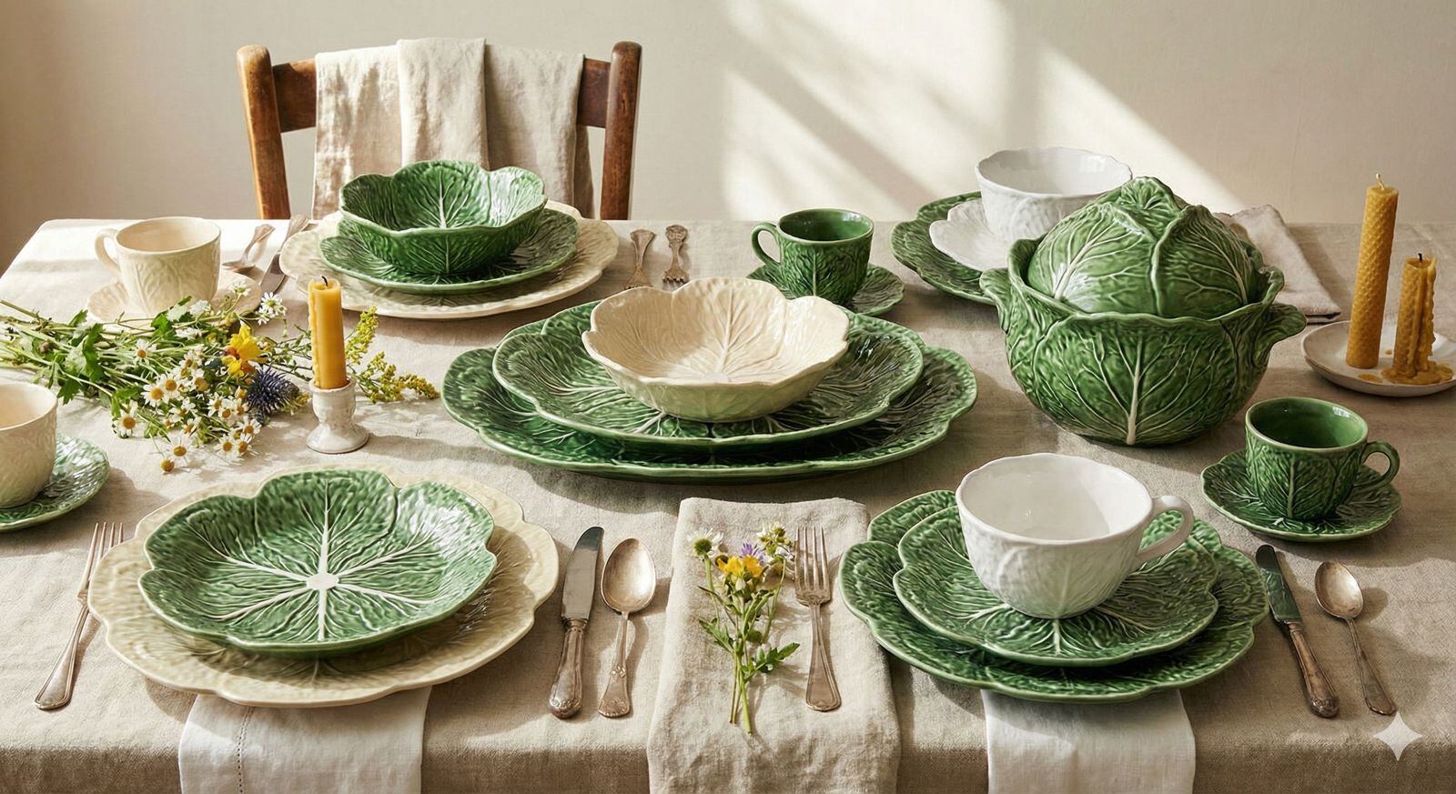 Mesa posta com louças inspiradas no cabbage crush, tendências do repolho em 2026