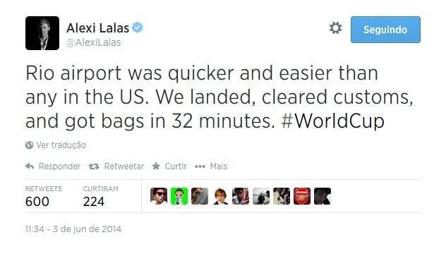 Na verdade, Lalas tem adotado um tom bastante elogioso ao Brasil. Ele, por exemplo, elogiou o serviço prestado no aeroporto do Galeão:

— O aeroporto do Rio foi mais rápido e fácil que qualquer um dos Estados Unidos. Descemos, passamos pela alfândega e pegamos nossas bagagens em 32 minutos