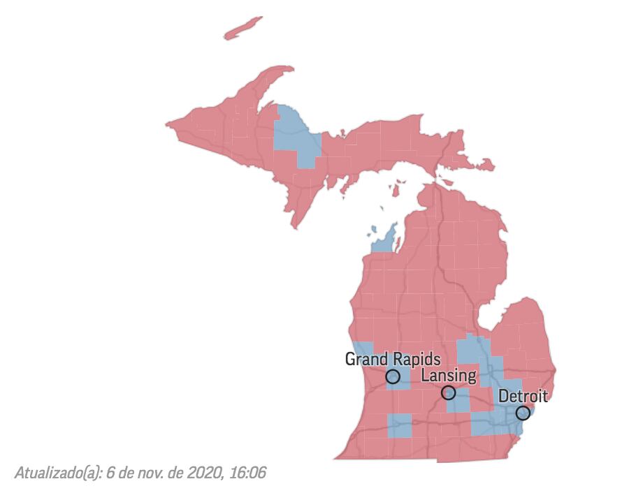 Michigan: Biden lidera, e a diferença para Trump está em 2,7%. Neste caso, a recontagem seria automática caso a margem entre os dois seja de menos de 2 mil votos, ou se os candidatos solicitarem, em até 48 horas após os resultados. O estado ainda possui votos pelo correio pendentes de contagem, mas segundo o secretário do estado, o resultado deverá sair em breve