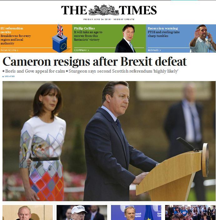 O jornal britânico The Times também destaca a futura renúncia de David Cameron e na situação escocesa, que busca um segundo referendo e deseja a independência do Reino Unido