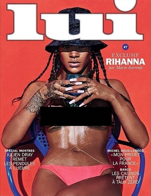 Rihanna saiu com os seios de fora em uma capa da Revista Lui neste ano. A cantora postou em seu Instagram a imagem e foi punida pela rede social, ficando alguns minutos fora do ar. Chateada, decidiu deletar o seu perfil
