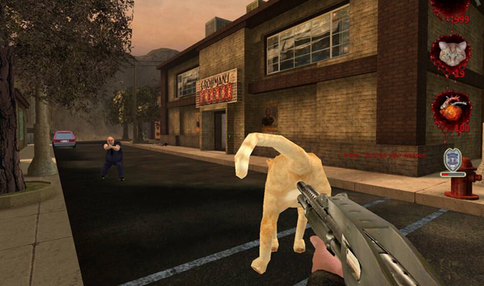 Postal 2 é um jogo bizarro que possui alguns artifícios como usar uma carcaça de gato como silenciador para sua arma, bater em inimigos com uma cabeça de vaca decepada, matar civis inocentes com uma foice só por diversão e jogar pedaços dos corpos dos seus oponentes para o cachorro ir buscar