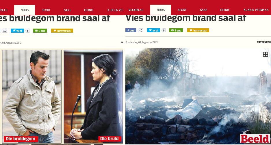 Jean Greyling (esq.), de 28 anos, confessou ter colocado fogo numa casa de recepções da casamentos na África do Sul; a mulher dele, Lianne (dir.) também teve que prestar esclarecimentos para a polícia
