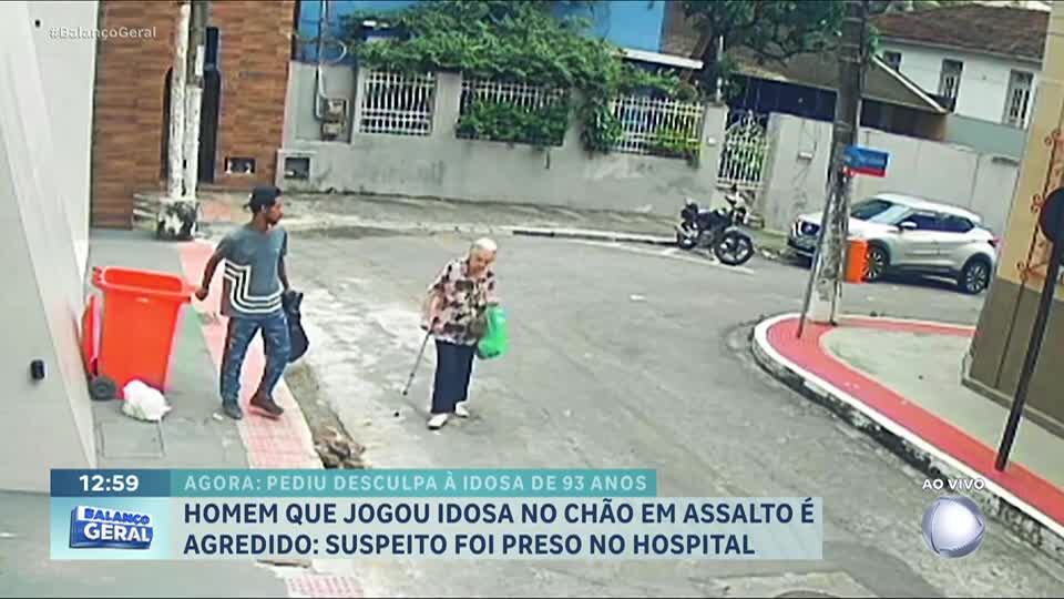 Homem que jogou idosa no chão durante assalto é agredido após ser reconhecido; suspeito foi preso