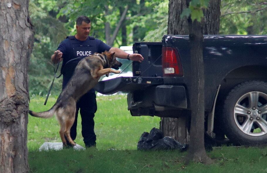 Policial e cachorro inspecionam carro usado em invasão da residência de Trudeau