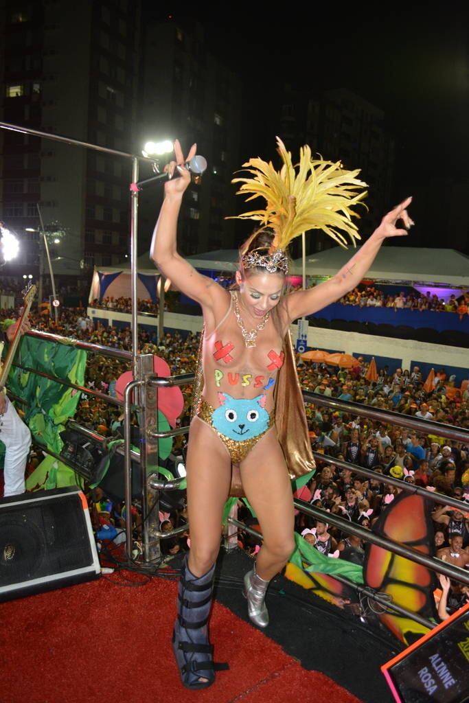 Com o tema "Alinne Rosa na terra do amor", a baiana se vestiu de heroína e usou uma capa para defender todos os que, de alguma, forma sofrem preconceito. O look, colorido e com mensagens de respeito e tolerância, chamou a atenção por sua transparência

