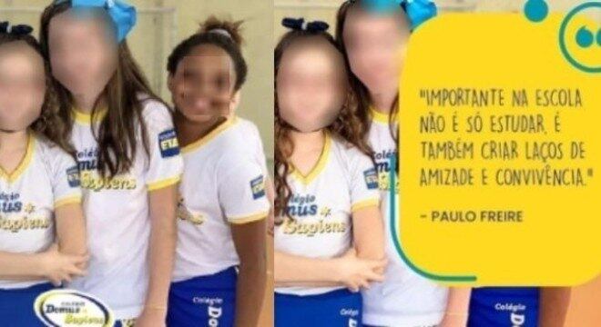 Menina ficou triste e abalada depois de ser excluída da foto publicada (à direita)
