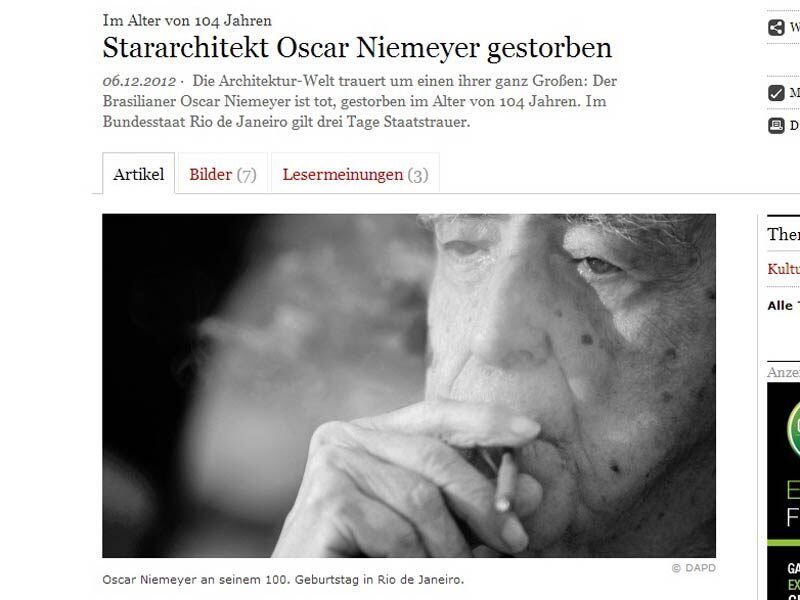 "Morre o arquiteto estrela Oscar Niemeyer", afirma o diário alemão Frankfurter Allgemeine em sua primeira página da edição online nesta quinta-feira. "O mundo da arquitetura está de luto por um de seus grandes nomes: o brasileiro Oscar Niemeyer morreu aos 104 anos. O Estado do Rio de Janeiro decretou três dias de luto oficial", informa o jornal