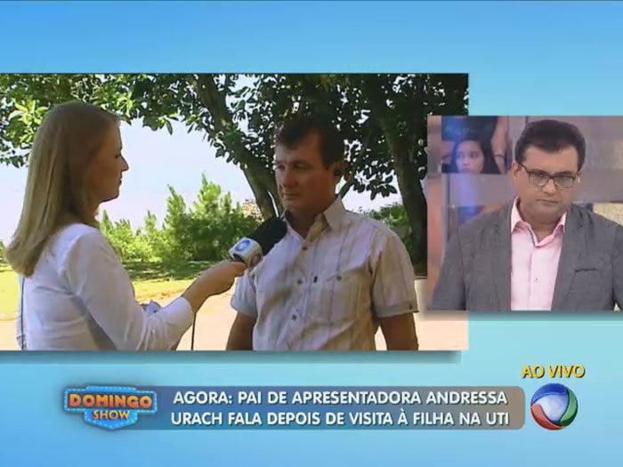 O diálogo entre pai e filha também foi relatado: "Ela disse: ‘Tu veio, pai! Veio me ver!’. Aí eu disse: ‘Vim
ver como é que você está’. Eu fiquei muito chocado encontrar ela daquele
jeito...Graças a Deus teve melhora bastante"


+ ASSISTA: Pai de Andressa Urach fala sobre visita à filha na UTI

+ Aproveite e confira as matérias do programa Domingo Show

+ Já curtiu a página do Domingo Show no Facebook? É só clicar!

+ Siga o Domingo Show no Twitter e receba todas as notícias do programa
