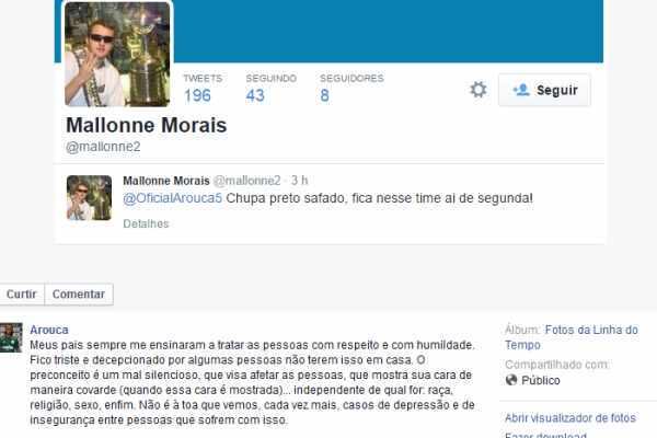 Um ano depois de ser alvo de insultos racistas por parte da torcida do Mogi Mirim em um jogo contra o Santos, Arouca voltou a ser ofendido. Agora com a camisa do Palmeiras, o jogador foi chamado de "preto safado" por um torcedor do Peixe em suas redes sociais. E se defendeu:

— Sinto
muito por ter de fazer isso - exatamente na semana que se completou um
ano daquele episódio em Mogi, quando eu ainda vestia a camisa que esse
garoto veste em sua foto de perfil - mas estou postando aqui para
mostrar a vocês a cara de quem pratica esse tipo de ato e, ao mesmo
tempo, dizer que essa atitude não me afeta. Só me dá a certeza de que
tive uma boa criação e educação em casa
