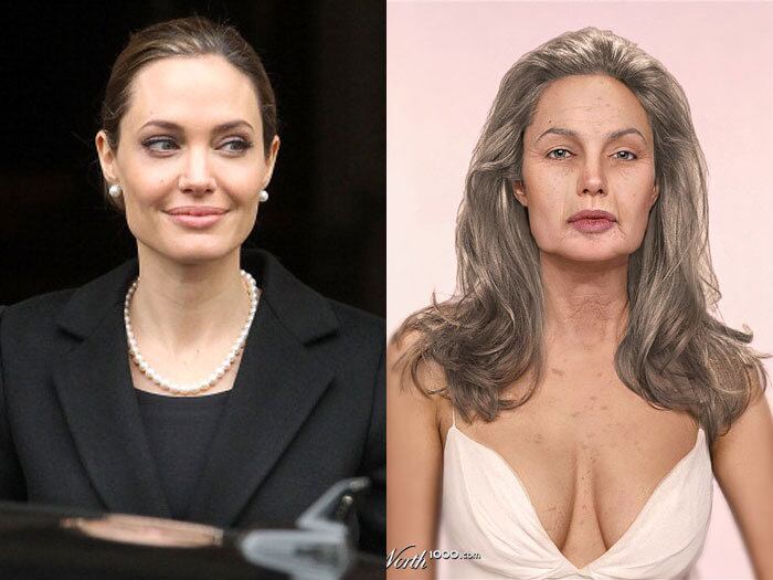 A beldade Angelina Jolie, de 37 anos, já fez muito marmanjo babar. Quando mais velha ela teria esses longos cabelos brancos e ainda usaria decote?