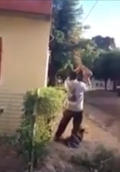 É possível perceber o desespero da mulher ao ver que o homem está matando o cachorro. Ela grita e pede por ajuda dos outros vizinhos