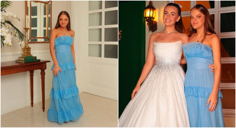 Em agosto, a adolescente surgiu usando um longo azul-claro de tule e sem alças. A peça foi a escolhida para um baile e rendeu elogios nas redes sociais. "Super combinou com você", declarou uma fã nos comentários do registro