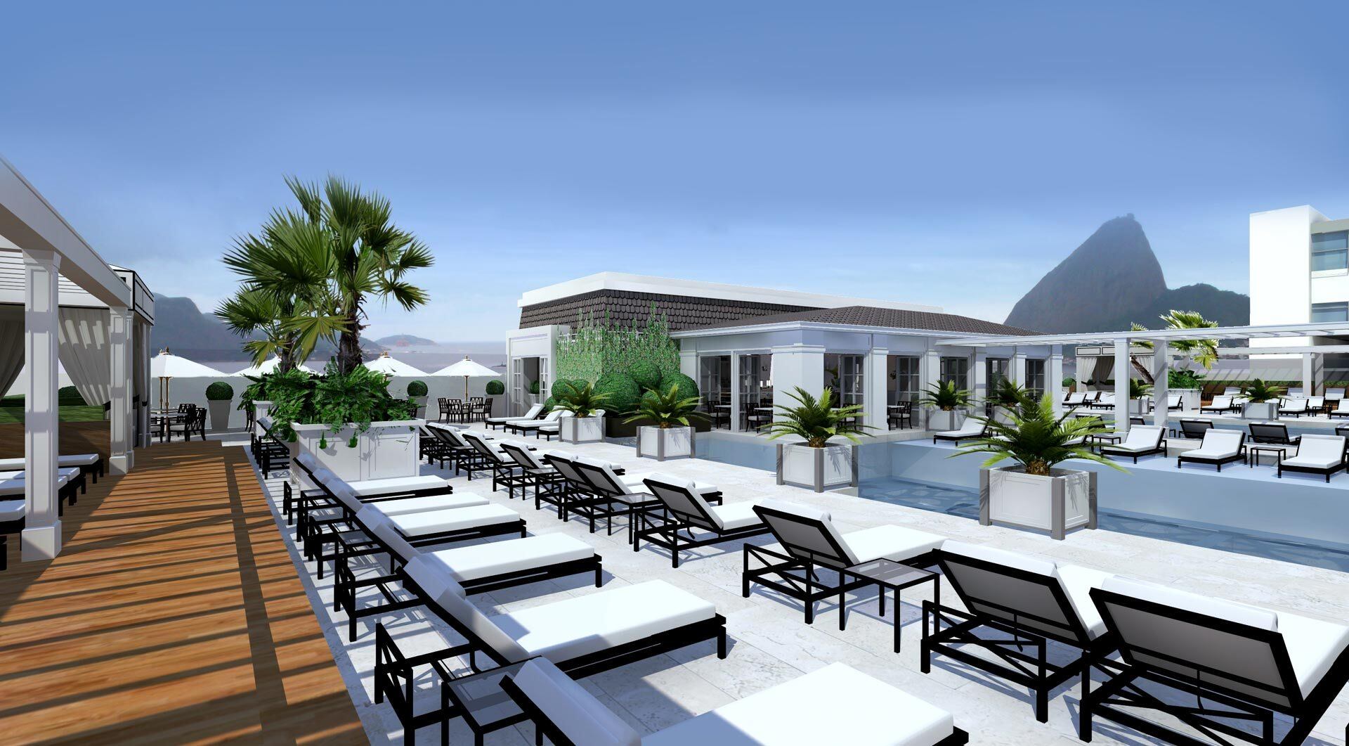 Paisagem: a localização do hotel é um dos seus pontos fortes: pertinho
do mar, com vista para a Baía de Guanabara, Pão de Açúcar e Corcovado —
ideal para os hóspedes endinheirados que ali se hospedam contemplar
os cartões postais da cidade maravilhosa sem sair do conforto de suas espreguiçadeiras na beira da piscina

