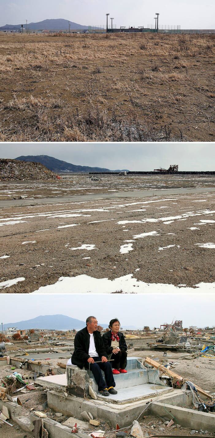 Rikuzentakata (Japan), 07/02/2021.- A picture combo shows (bottom to top) Teizo Terasaka (L), 70, and his wife Keiko, 68, sit on the remains of the bathtub of their house in tsunami-devastated city of Rikuzentakata, Iwate Prefecture, northern Japan, 01 May 2011, a view of the same area cleared for redevelopment on 17 February 2012, and on 21 February 2021 (issued 09 March 2021). 11 March 2021 marks the tenth anniversary of the 9.0-magnitude earthquake and subsequent tsunami that devastated northeastern Japan and triggered a nuclear disaster at the Fukushima Daiichi Nuclear Power Plant. (Terremoto/sismo, Japón) EFE/EPA/KIMIMASA MAYAMA ATTENTION: This Image is part of a PHOTO SET *** Local Caption *** 50241935
