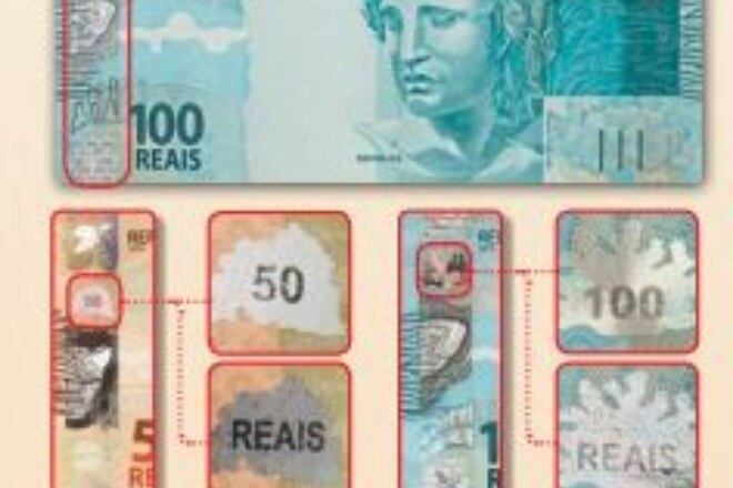 Uma particularidade das notas de R$ 50 e R$ 100 é a faixa holográfica. Segundo o BC, ao movimentar a nota, é possível ver o número do valor da nota e a palavra
REAIS se alternam, a figura do animal fica colorida, na folha (50) ou no coral (100) aparecem
diversas cores em movimento