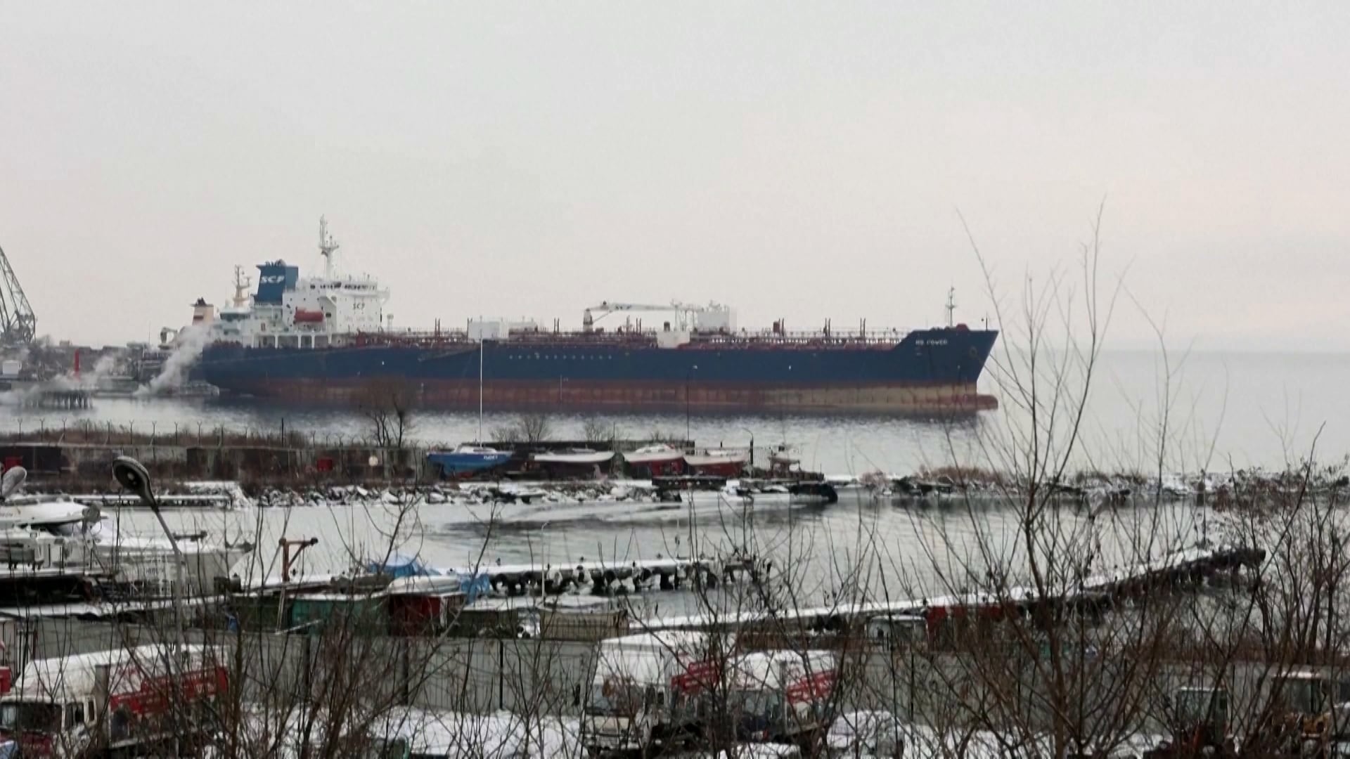A imagem mostra um navio cargueiro grande, de casco escuro e superestrutura branca, próximo a um porto. A água é tranquila e o céu está nublado. Na parte inferior da imagem, há diversos barcos menores e estruturas portuárias cobertas por neve. Vegetação seca e galhos finos ocupam parte do primeiro plano, sugerindo clima frio. Ao fundo, a visão se estende até o horizonte, onde o mar encontra o céu cinzento.