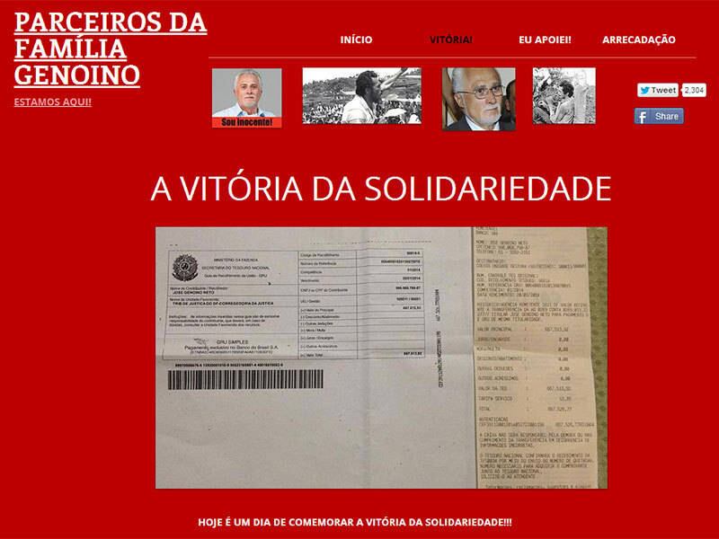 Assim
como ocorreu com Delúbio, os apoiadores de Genoino também arrecadaram além dos R$
667.513,92 que foram impostos pela Justiça ao condenado — nessa conta estão R$ 30 mil do que havia sido arrecadado para Delúbio. Segundo a família do condenado, "mais de 2.000 pessoas decidiram nos ajudar"