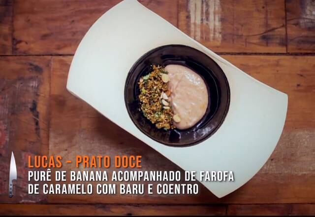 Lucas
No Desafio de Eliminação, os chefs precisavam fazer um prato doce e um salgado. Lucas mandou bem no prato principal, mas os jurados acharam sua receita muito simples e com pouca técnica