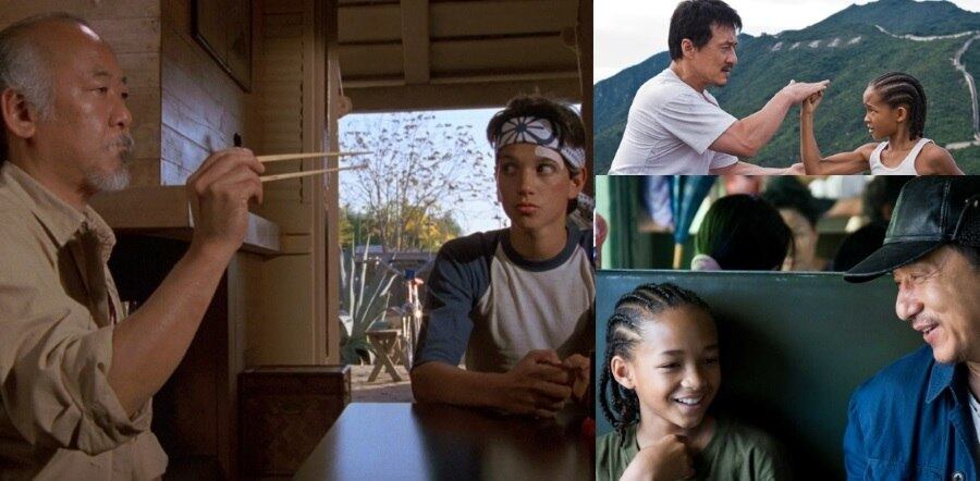 Karatê Kid - Famoso por mostrar o dia a dia de um iniciante no karatê, o filme de 1984 aborda as artes milenares da luta e a relação do mestre Senhor Miyagi com seu aprendiz Daniel San
Em 2010, Jaden Smith é o garoto que treina karatê, mas já desenvolve músculos impressionantes para sua idade, apenas 12 anos. No original, o franzino Ralph George Macchio tinha 23 anos, mas aparentava no máximo 17
