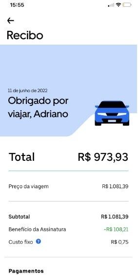 Recibo da corrida paga por Adriano