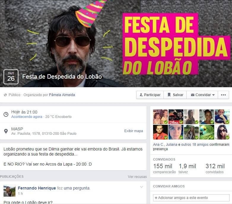 O cantor Lobão ameaçou deixar o Brasil em caso de vitória do PT nas eleições presidenciais. Bastou a reeleição de Dilma ser confirmada nas urnas para as piadas envolvendo o músico começarem a correr nas redes sociais. Um evento no Facebook de despedida para o roqueiro já tem 155 mil confirmações