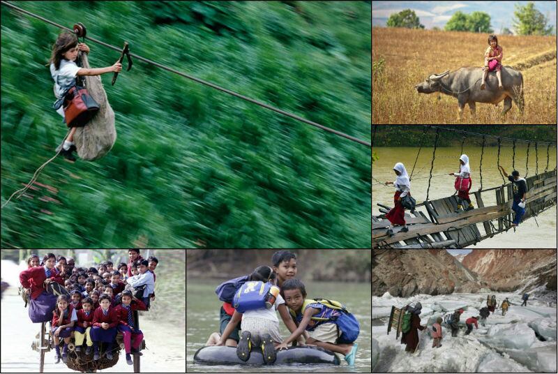 Estudar é mais do que um desafio em povoados distantes da Ásia e da América do Sul. Confira imagens impressionantes do trajeto feito por estudantes em alguns desses lugares 