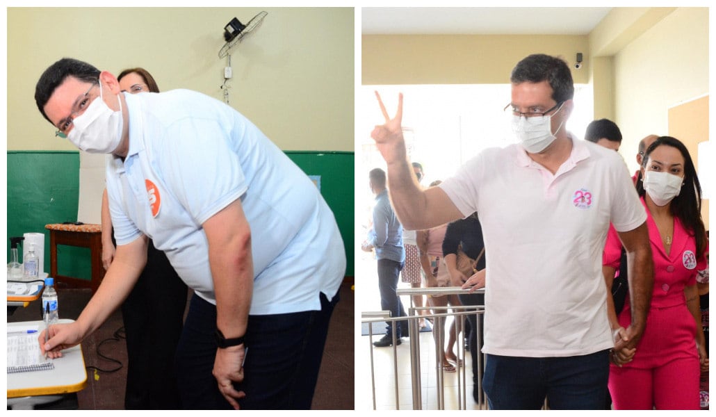 Candidatos Josiel Alcolumbre (E) e Dr. Furlan votaram no fim da manhã