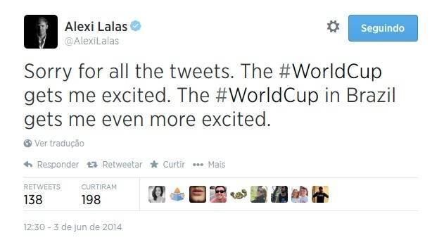 Como muita gente não entendeu a brincadeira, Lalas resolveu apagar a mensagem horas depois e se justificou:

— Desculpem pelos tweets. É que a Copa do Mundo me deixa animado. A Copa do Mundo no Brasil me deixa ainda mais animado